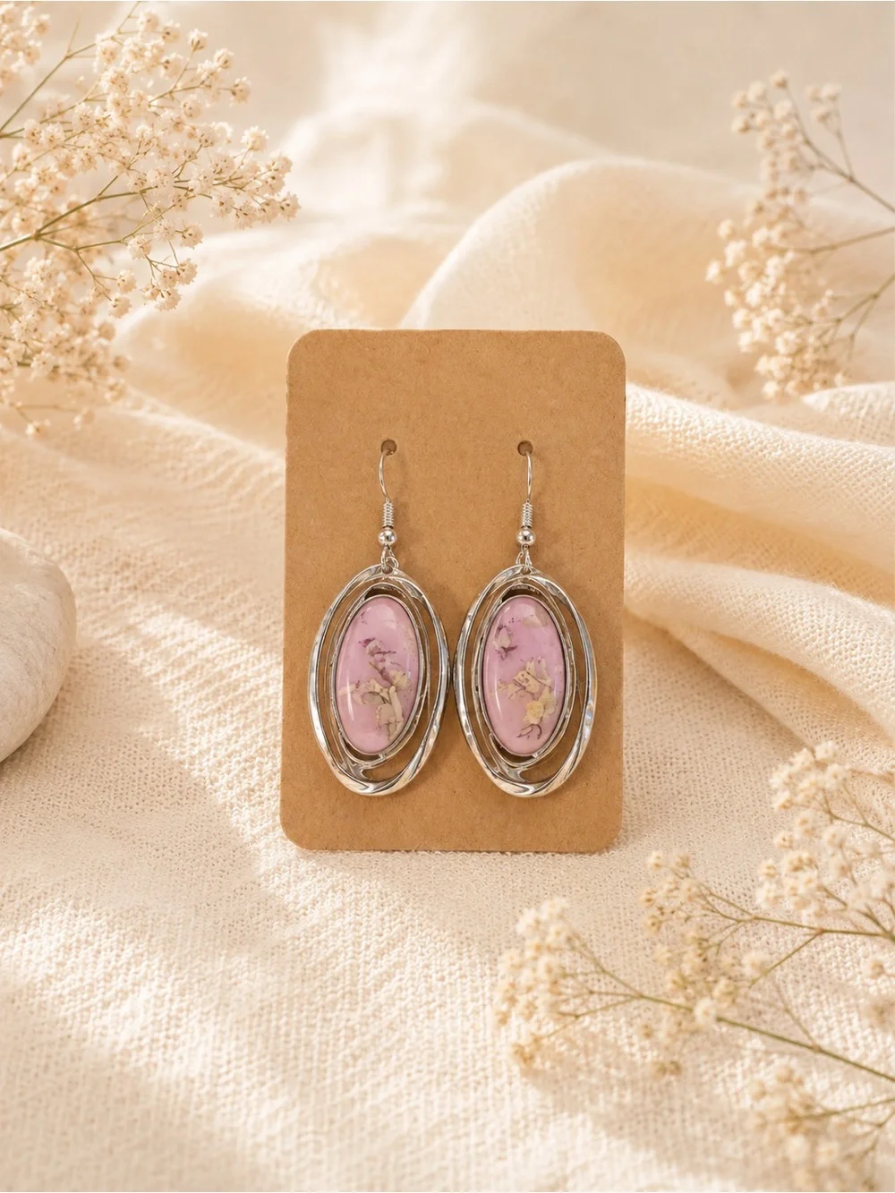 Pink iridescent Floral Oval Drop Earrings - Women Fashion Jewelry NWOT